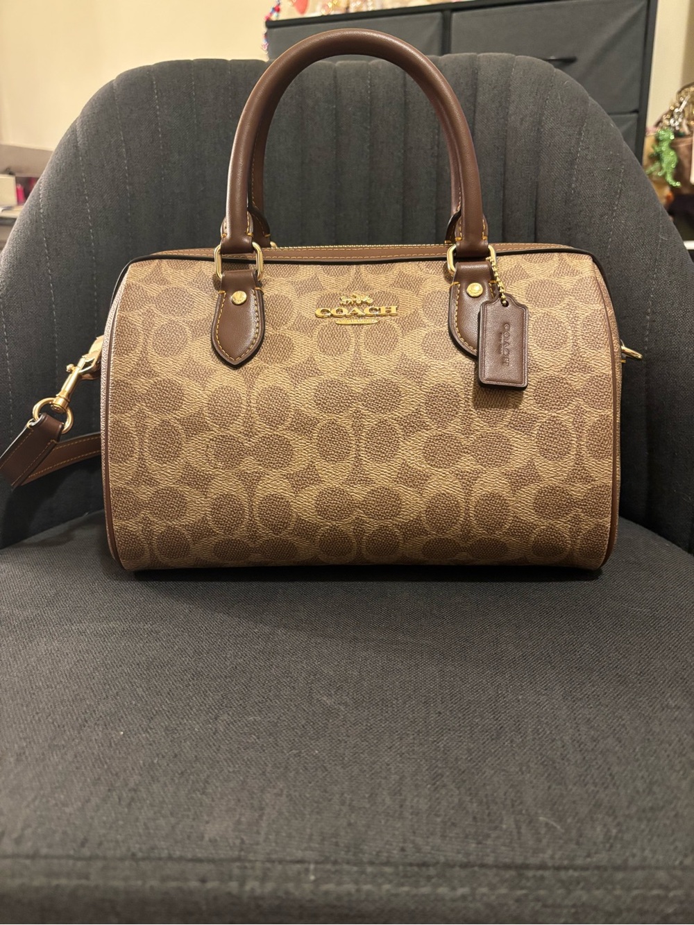 Coach Rowan Satchel in Brown/Tan Signature Canvas (Medium Size)